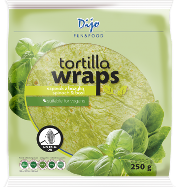 picture of tortilla wraps with spinach and basil, dijo manufacturer, green package
