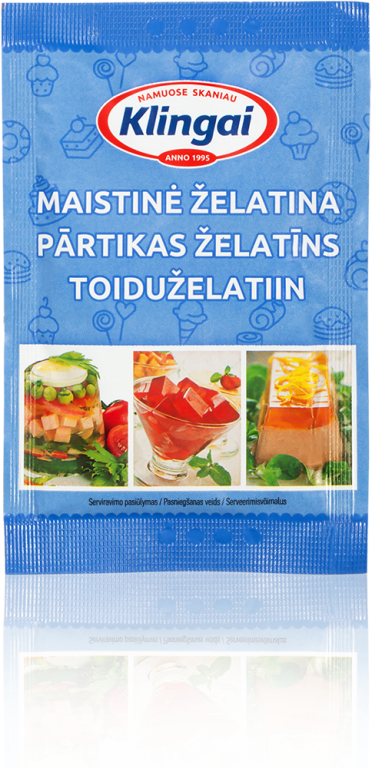 Klingai edible gelatine, blue package, white text in lithuanian