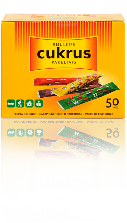 product picture, white sugar sachets, 50 packs of fine sugar, 5 grams per pack, yellow orange box