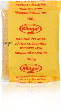 Klingai maistinė želatina 100 gramų, geltona pakuotė, raudonas lietuviškas tekstas