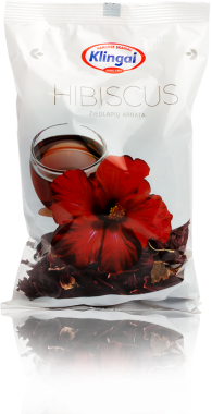 Hibiscus žiedlapių arbata, balta pakuotė su raudona gėle ir arbatos puodeliu