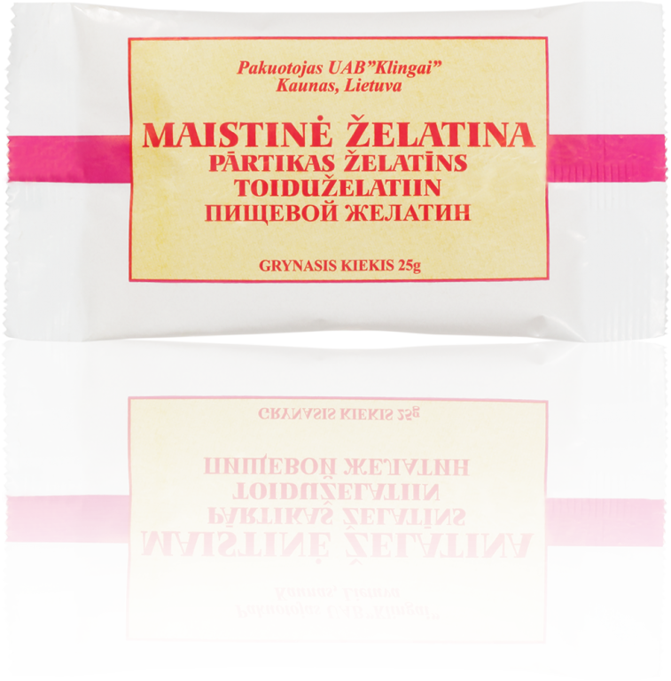 UAB Klingai maistinė želatina, balta pakuotė, rožinis tekstas geltonam laukelyje