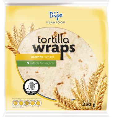picture of a product, tortilla wheat wraps, yellow packaging, english text