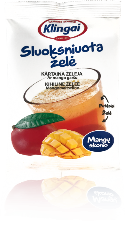 layered mango flavoured grlatin dessert, white package with text on it in lithuanian
