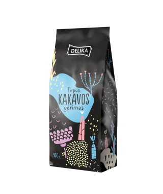 Picture of a soluble cocoa drink, black packaging with colourful elements