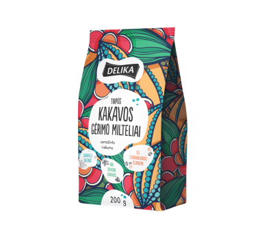 Soluble cocoa beverage powder, colourful packaging with text in lithuanian